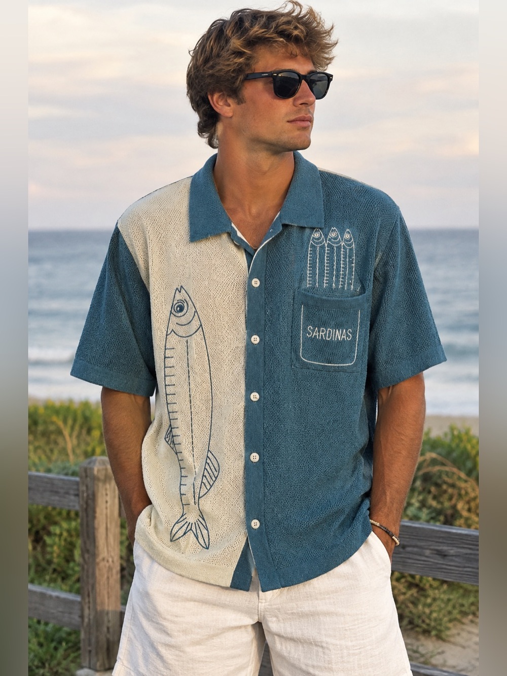 Sardines Graphic Art of Rhetoric casual men's knit shirt Size Large Teal/Beige